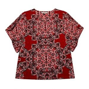 JM Collection Red Black White Mandala Print Flutter Sleeve Women's Top Size M
